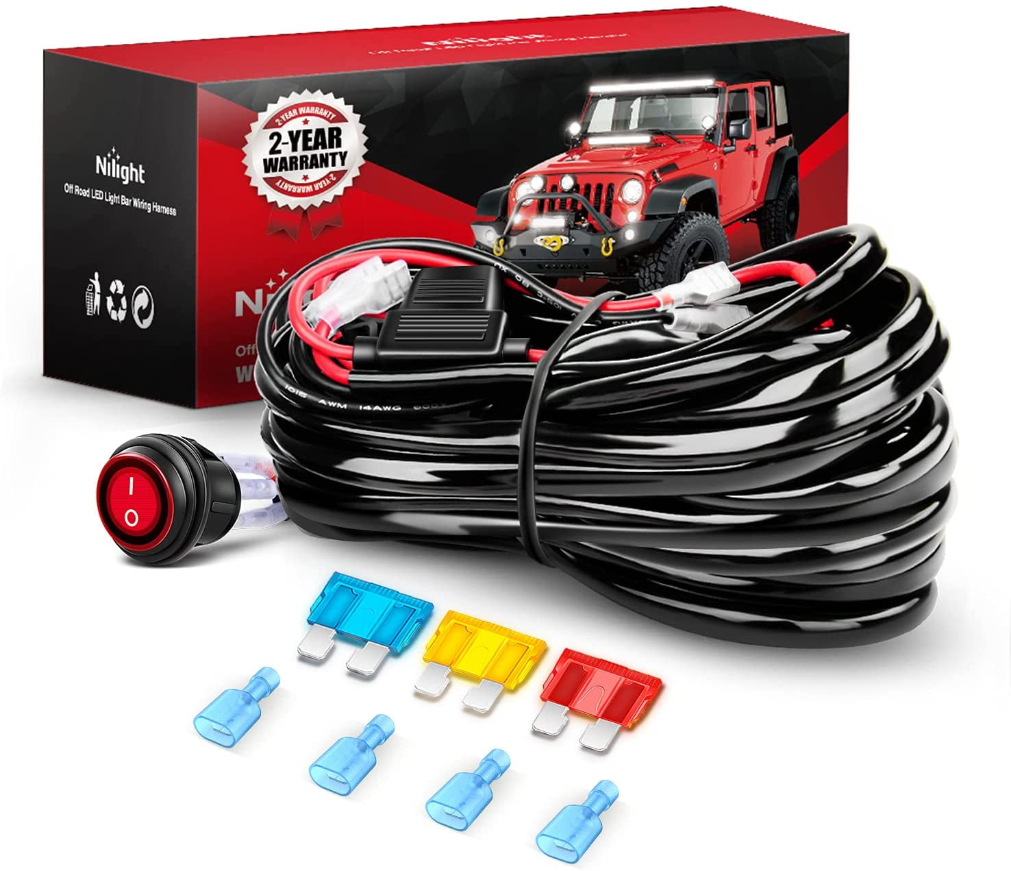 Nilight LED Light Bar Wiring Harness Kit 14AWG Heavy Duty 12V On Off