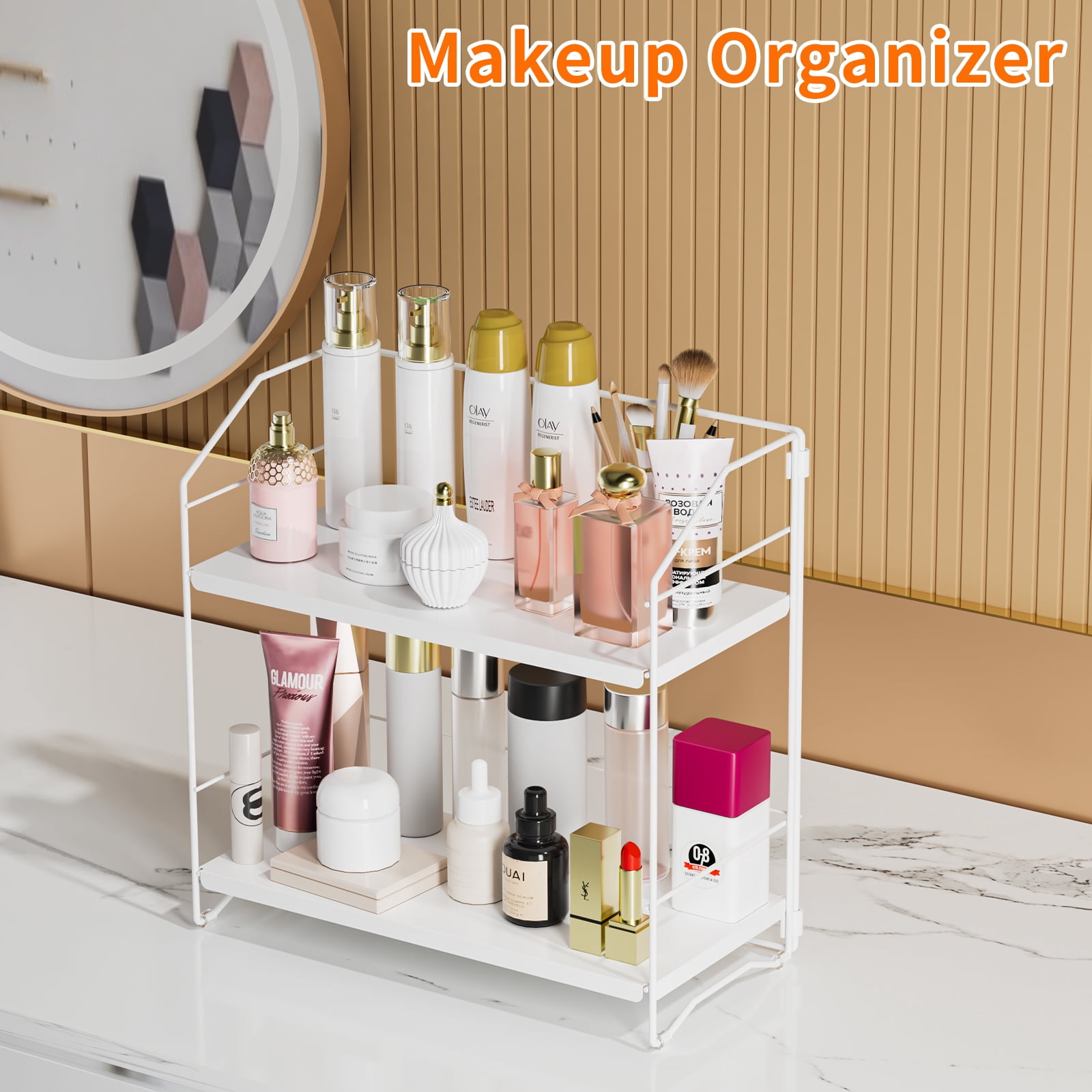 BOIVSHI Bathroom Counter Organizer, 2-Tier Standing Countertop Shelf, Height Adjustable Spice Rack Organizer, Cosmetic Storage Organizer for Bathroom, Desktop, Metal White