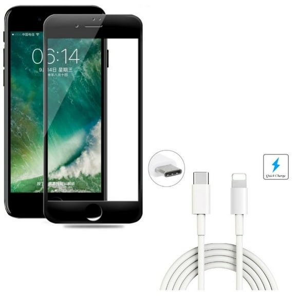 iPhone 8/7/6S/6 - 6ft USB Cable w Ceramics Screen Protector - Type-C to iPhone Charger Power Cord Sync, Matte Black 3D Curved Edge Full Cover Anti Glare for iPhone 8/7/6S/6