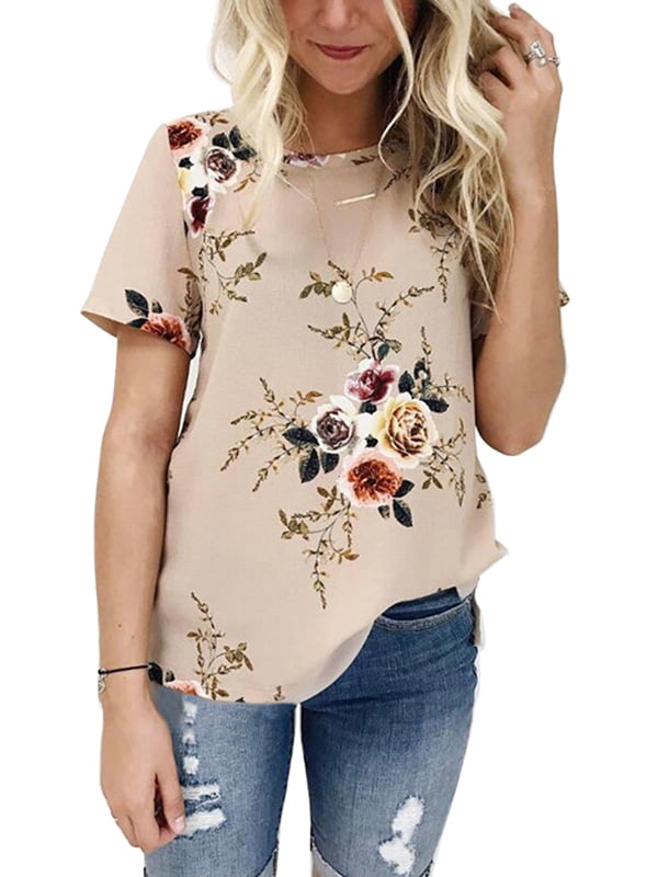 Summer Women Casual Floral Short Sleeve Chiffon Blouse Tops Loose ...