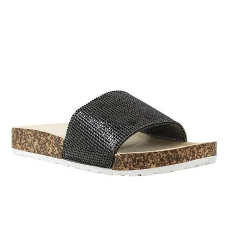 

72L Ladies Black Size 8 Comfort Rhinestone One Band Sandals