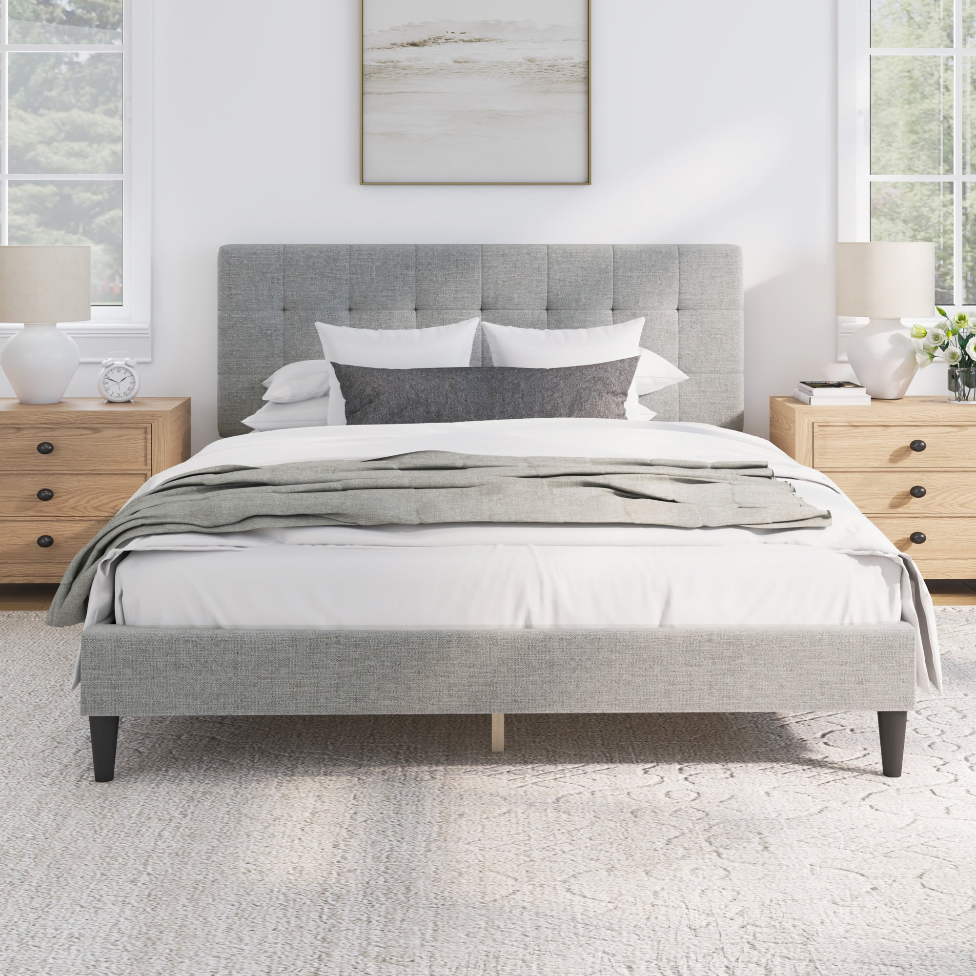 (2 pack) Mainstays Hillside Square Tufted Upholstered Queen Platform Bed, Light Gray Fabric