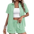 thumbnail image 2 of Linen Short Sets for Women Summer 2 Piece Casual Lounge Sets Button Down Shirt and Drawstring Shorts Outfits, M, 2 of 5