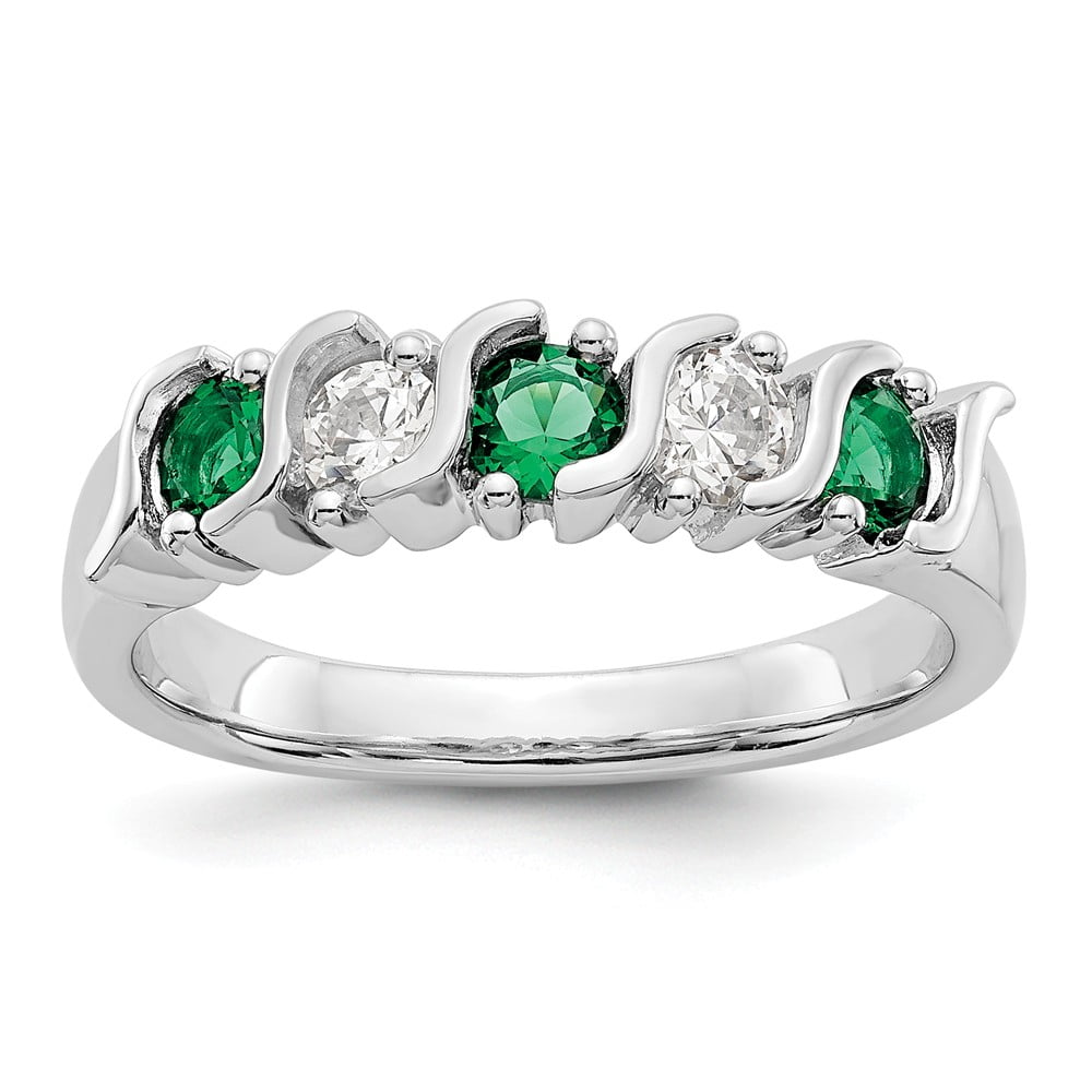 Solid 14k White Gold Diamond Emerald Green May Gemstone Wedding Band ...