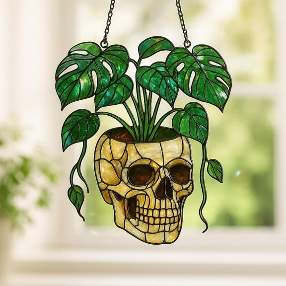 Skull & Monstera Acrylic Suncatcher, Monstera Ornament, Gothic Botanical Window Hanging Decor, Halloween Ghost Ornament, Plant Lovers Gift