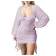 thumbnail image 2 of Gspmoly Robes pour Femmes, Mode Femmes Robe Unie Décontractée à Manches Longues Col avec Lien Mi-Cuisse Robes Formelles pour Femmes Offres du Jour, 2 of 9