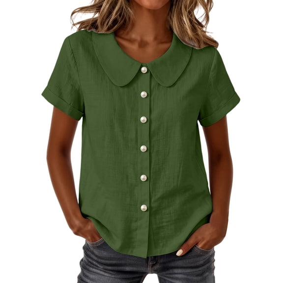 cocolona Womens Summer Linen Tops Peter Pan Collar Button Short Sleeve Solid Color Shirts Dressy Casual Blouses