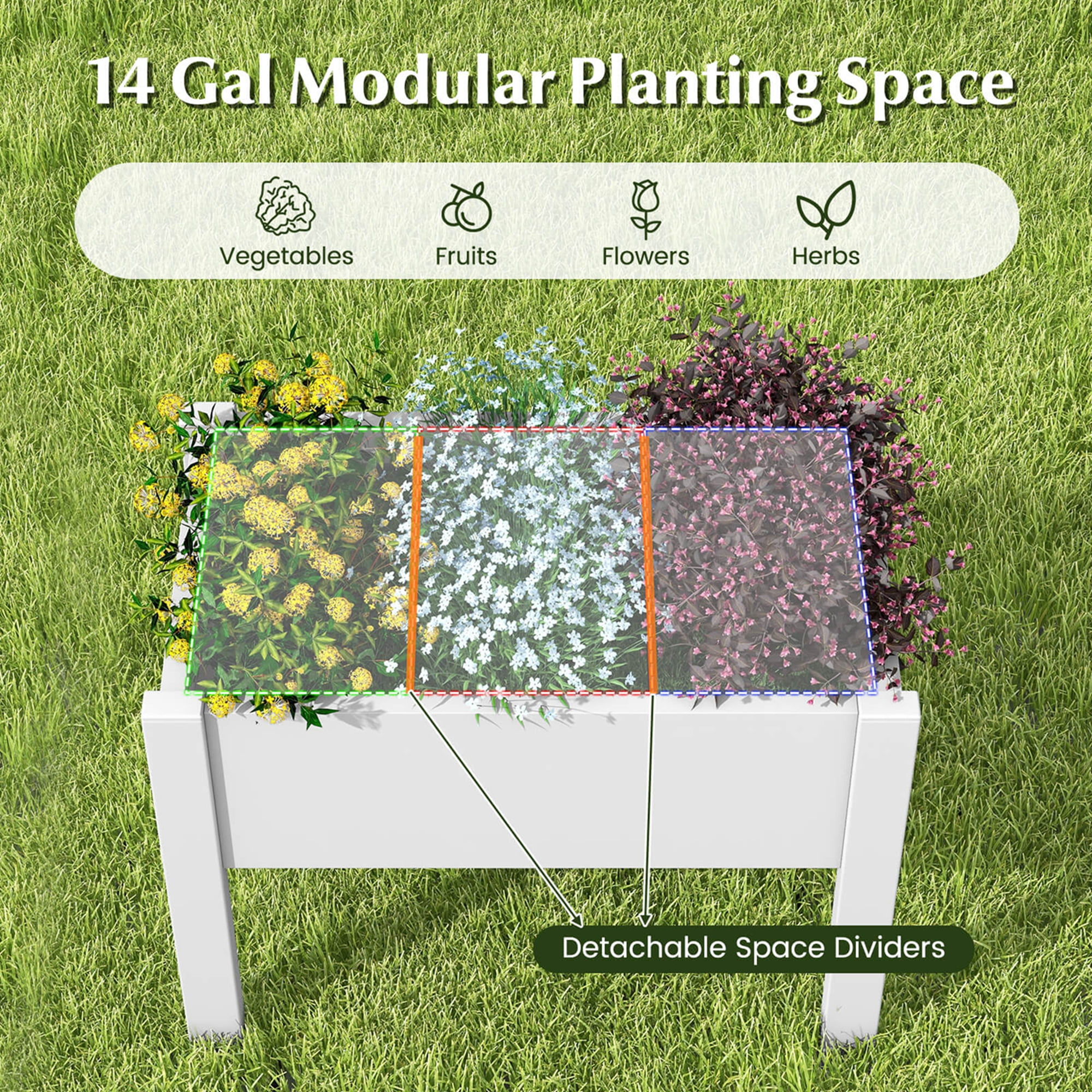 Costway Raised Garden Bed with Water Level Indicator Drainage Hole for Vegetables Outdoor Greyish-white