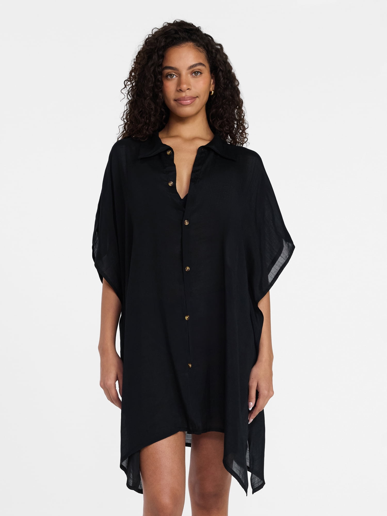 Time and Tru Women's Button Down Cover-Up, Black Soot, Sizes L/XL