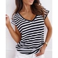 thumbnail image 2 of Blusa de manga corta a rayas estampada con cuello en V blusa de manga corta ajustada informal para mujer señora verano negro blanco L, 2 of 5