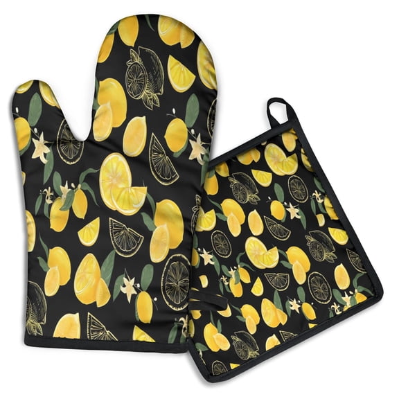 Yellow Lemon Fruit Slices Black Pattern Kitchen Oven Mitt and Pot Holder Sets 2 Pcs for Baking, Cooking and Grilling, Heat Resistant Up To 392 °F