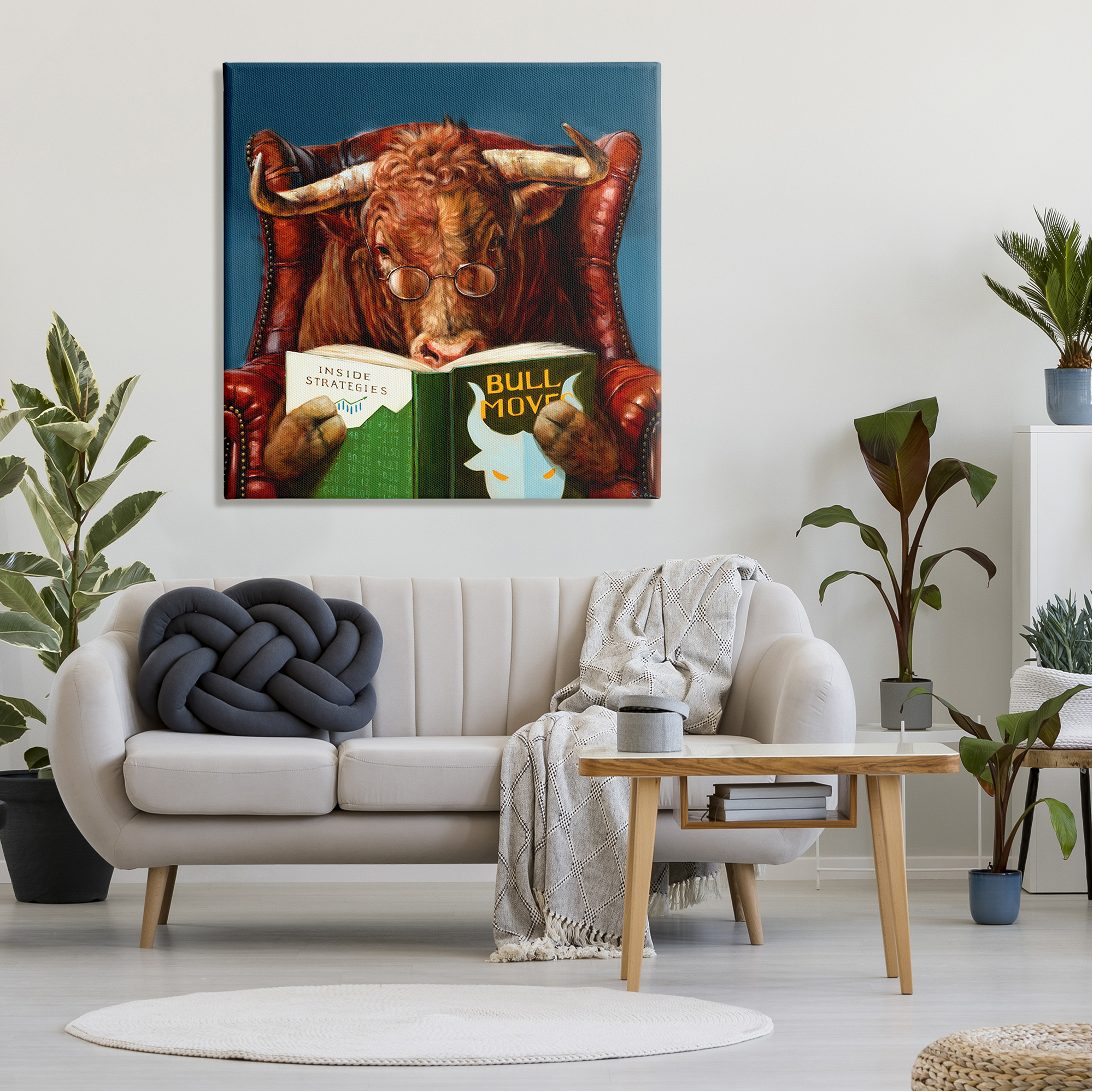 Stupell Industries Bull Reading Book Spectacles Red Leather Chair Canvas Wall Art, 36 x 36, Design by Lucia Heffernan