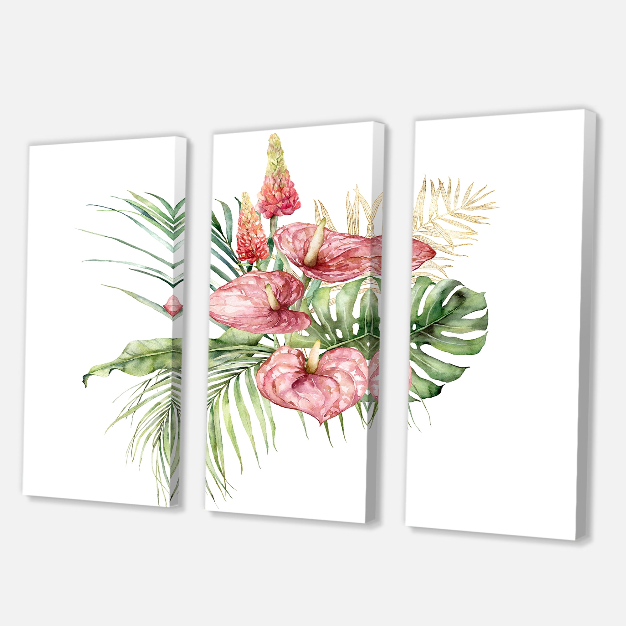 Designart ' Tropical Bouquet With Anthurium Lupine and Leaves On White I ' Traditional Canvas Wall Art Print