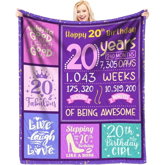 20th Birthday Gifts for Women - 20th Birthday Decorations - Gift for 20 Year Old Female - Happy 20th Birthday Decorations - 20 Year Old Birthday Gifts for Her Flannel Throw Blanket 60 x 50 Inch