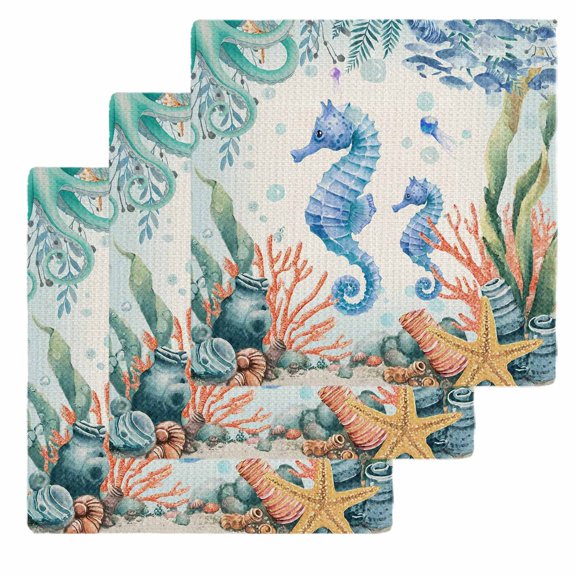 Seahorse Coastal Kitchen Dish Towels for Drying Dishes Set of 3, Summer Nautical Starfish Coral Beige Waffle Weave Microfiber Hand Tea Bathroom Towels Quick Dry & Absorbent Towel 12x12
