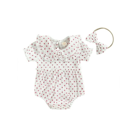 

Newborn Infant Girls Summer Clothes Polka Dot Print Short Sleeve Doll Collar Romper with Headband 2PCS Outfit Sets