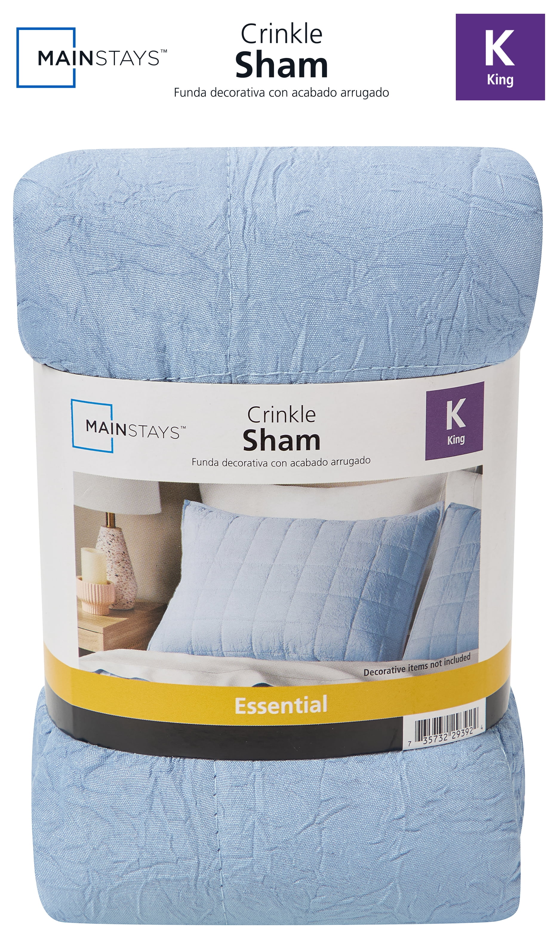 Mainstays Crinkle Pillow Sham, King, Light Blue, 1 Pack