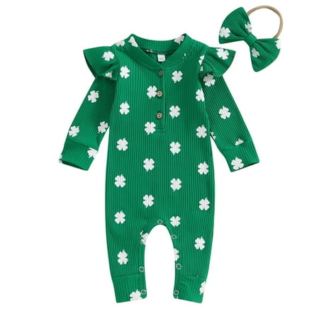 

Okbabeha St Patricks Day Outfit Newborn Baby Boy Girl Shamrock Waffle Romper Lucky Clover Onesie Jumpsuit One Piece Clothes