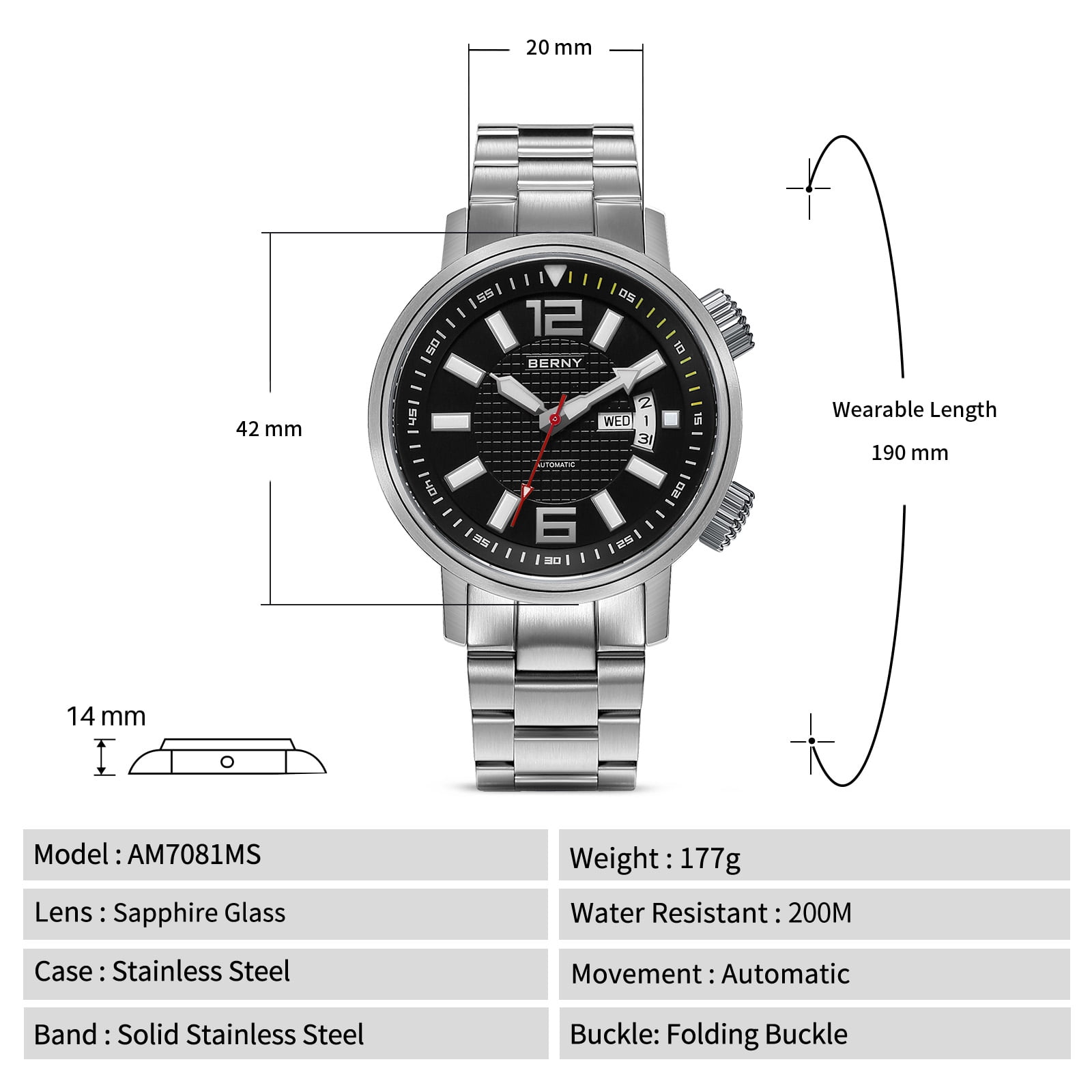 BERNY Automatic Dive Watches for Men, Sport 200M Waterproof Analog Mechanical Watch with Day & Date Calendar, Super Luminous, Stainless Steel, Sapphire Crystal, Fashion Men's Pro Diver Watch (Black)