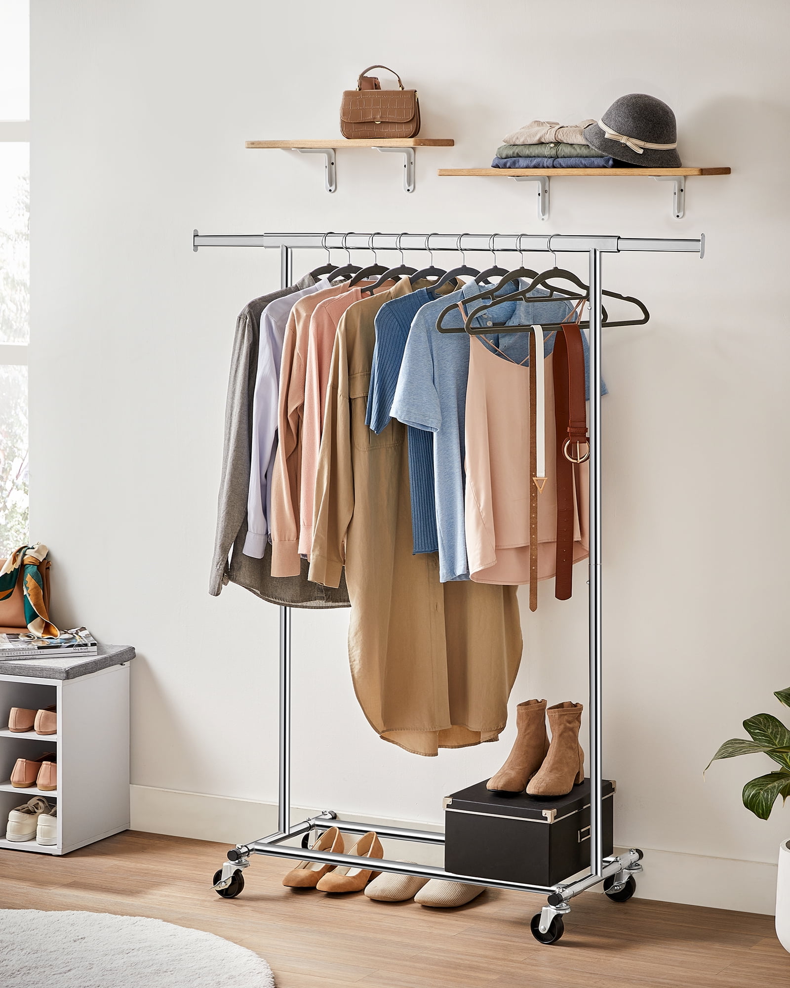 SONGMICS HOME Rolling Clothes Rack – Heavy-Duty, Collapsible Garment Rack with Extendable Hanging Rod, Supports up to 200 lb, Silver