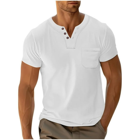 Dagugfen Mens Tops Short Sleeve Button V Neck Slim Solid Color Travel Casual Tee Shirts with Pocket