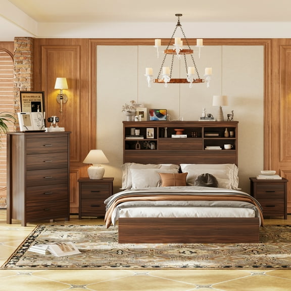 Newest 4-Piece Bedroom Set Queen Size - Storage Headboard with Charging Station, 2 Nightstands, 5-Drawer Dresser, Walnut Finish, Complete Wooden Suite