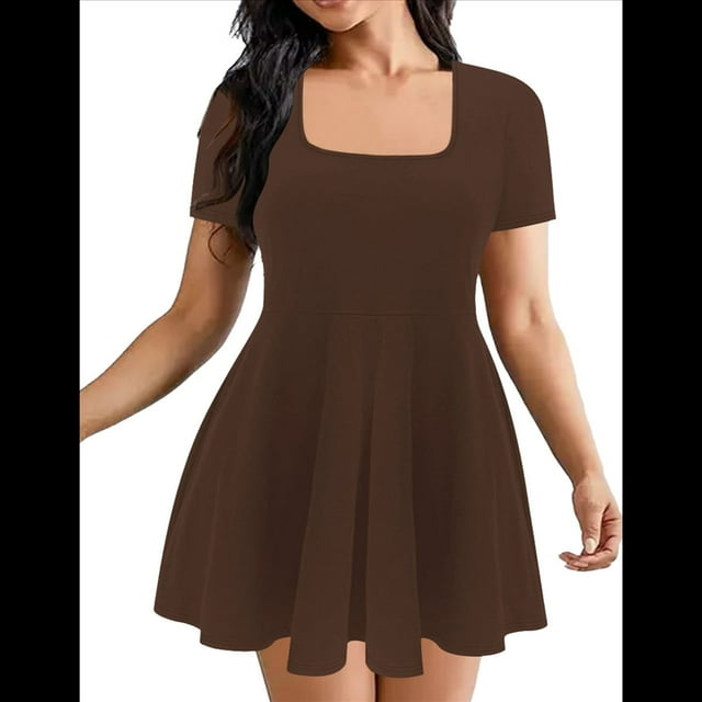 Women's Mini Dress Square Neck Short Sleeve Ruffle Hem Dresses with Built in Shorts Brown XL