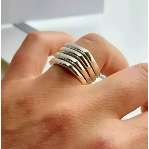 Set of 4 Ring Square Ring 925 Sterling Silver Stacking Band Ring Statement Ring