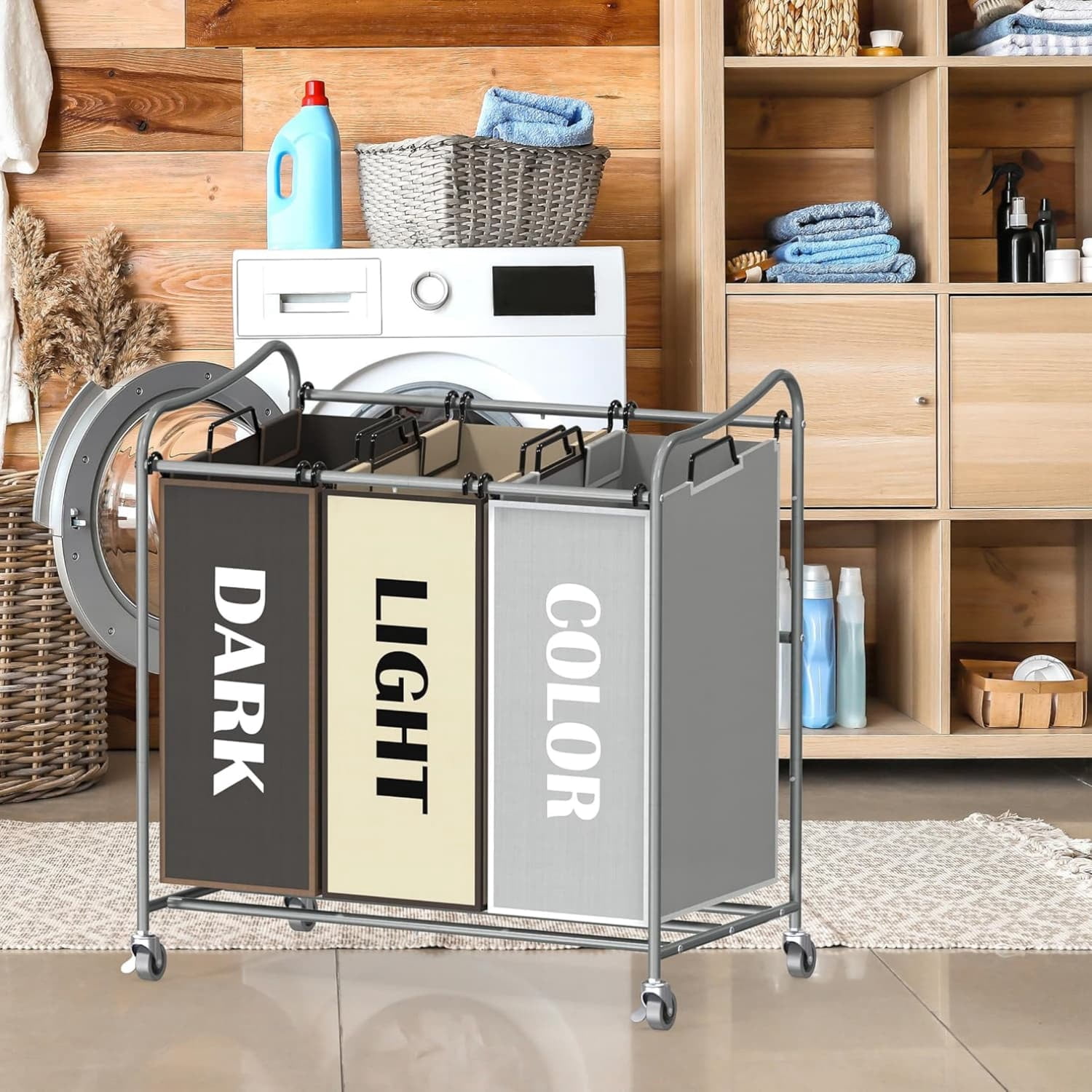 Heavy Duty 3-Bag Laundry Sorter Rolling Cart, Silver/Assorted – Durable Triple Laundry Hamper with Removable Bags and Lockable Wheels for Laundry Room Organization
