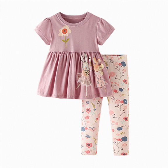 Nwiuh Toddler Girl Clothes 2-10 Years Girls Summer Outfit 2Pcs Set | Toddler Spring Summer Outfits for Girls, Short Sleeve Ruffle Top Floral Capri Pants Little Girls Set (Pink, 2-3 Years)
