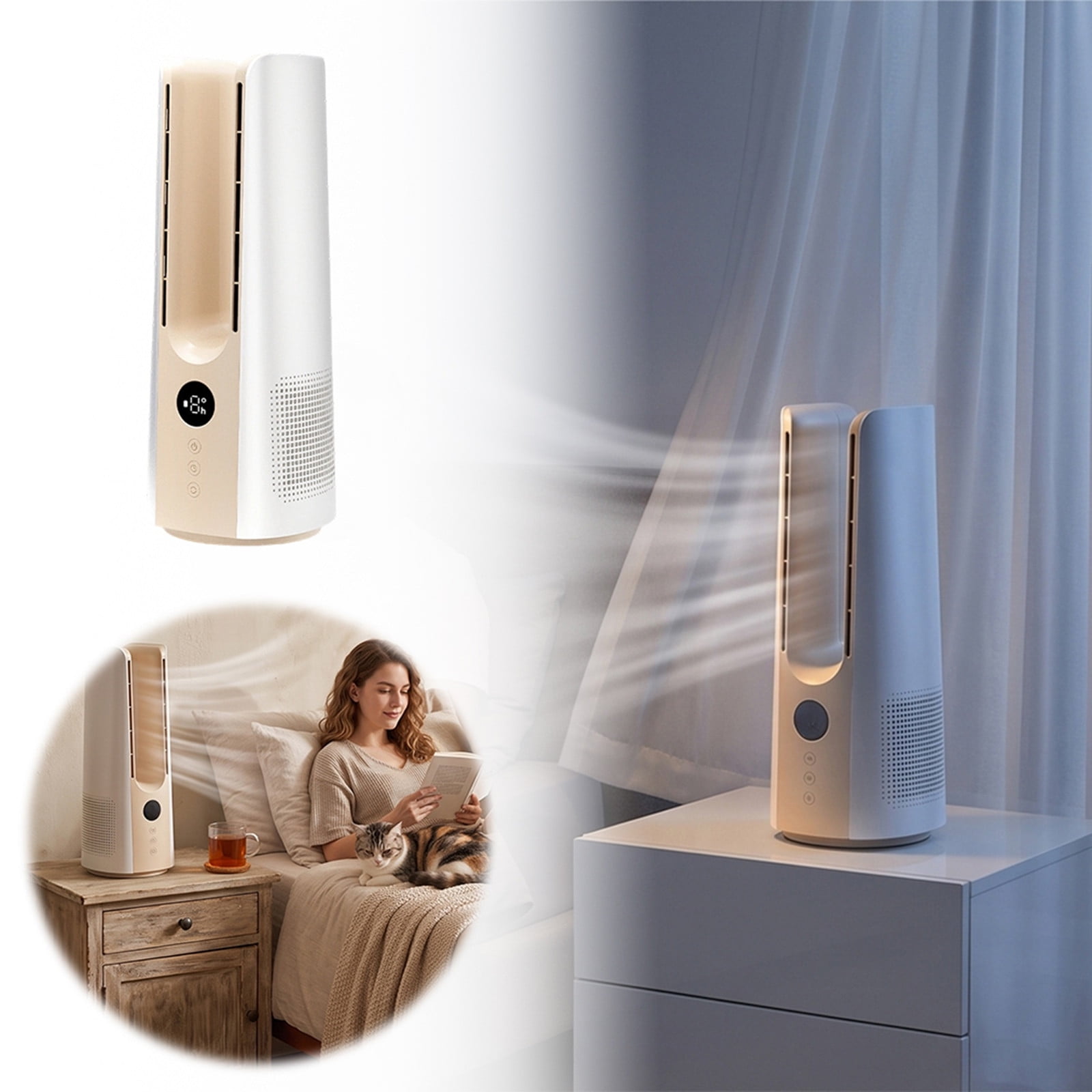 Leeye Bladeless Dual Tower Desk Fan USB Rechargeable Quiet Oscillating 6 Speeds with Humidifier Compact Personal Cooling Fan for Home Office Bedroom White 13.46in