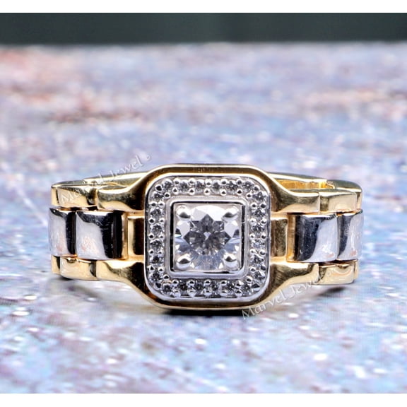 Men's Halo Diamond Engagement Wedding Ring, Two Tone Ring, Flexible Shank Ring, Men's Solitaire Diamond Ring, 14K Yellow Gold Plated, 2.3 Ct Simulated Diamond, Gift For Boyfriend