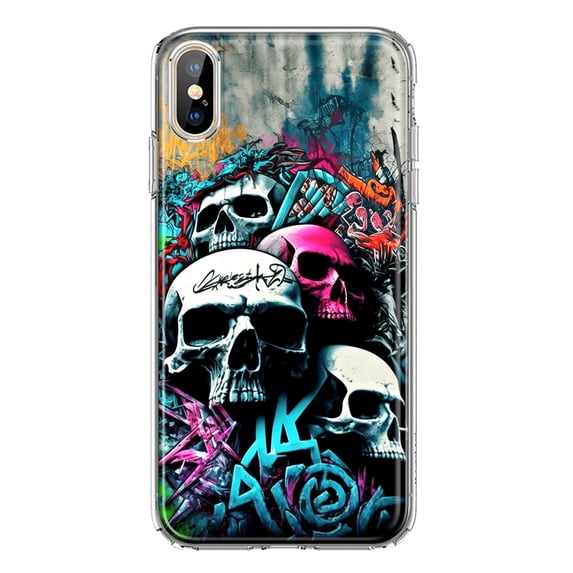 MUNDAZE Apple iPhone XS Max Shockproof Clear Hybrid Protective Phone Case Skulls Graffiti Painting Art Cover