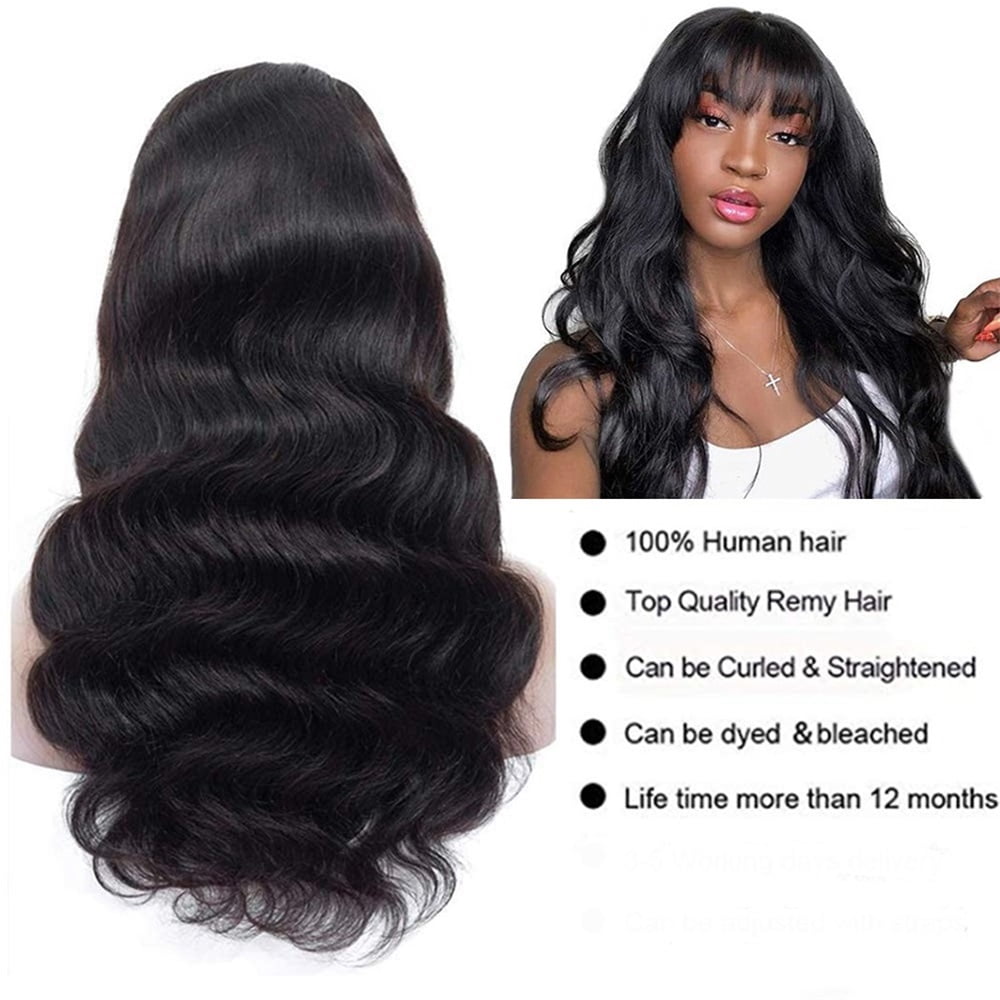 Human Hair Wig with Bangs Body Wave Hair Wigs Machine Made Loose Wave Glueless Wigs