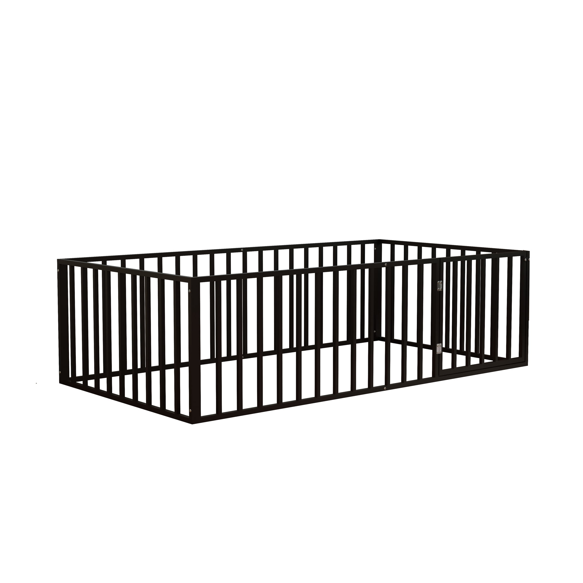 Leumius Twin Size Montessori Floor Bed with Fence & Door, Heavy-Duty Metal Frame with Low-Profile Guardrails, Safe Play-Sleep Zone Black