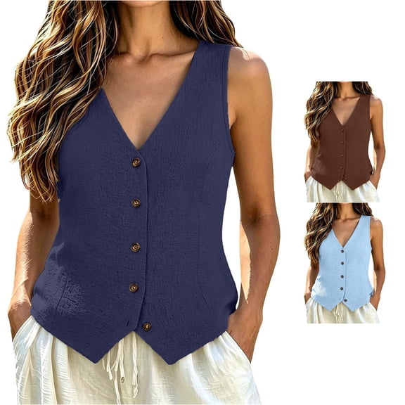 Xijirk Women Sleeveless V Neck Button Front Textured Pointed Slim Fit Vest for Casual Daily Outdoor Travel Wear,Navy,3XL