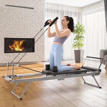 MOPHOTO Foldable Pilates Reformer Machine Equipment for Home Workout and Gym, Pilates Exercise Equipment with 5 Metal Resistance Springs - Max Tension 110 lbs, Support Up to 440 lbs, A Yoga Ball Inclu