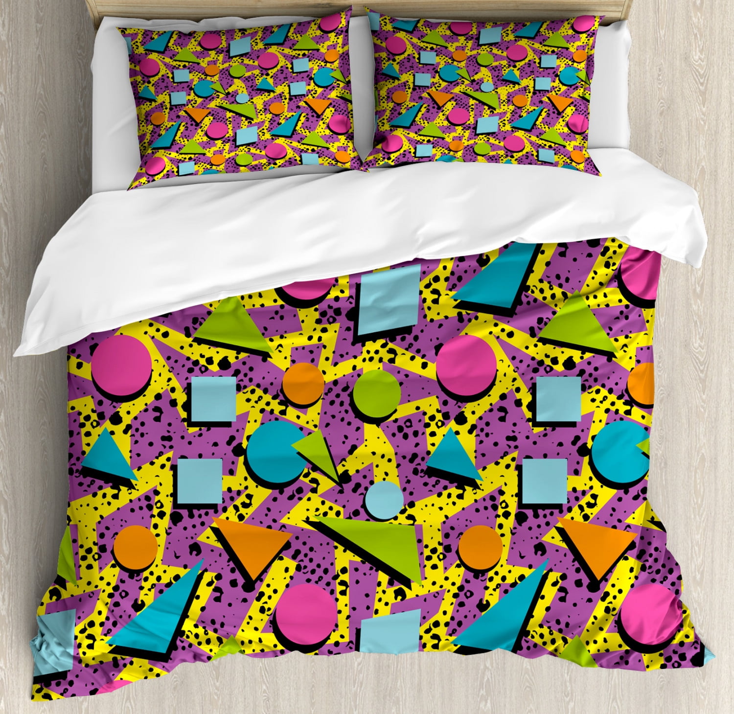 Vintage Duvet Cover Set Queen Size, Funky Geometric 80s Memphis Fashion