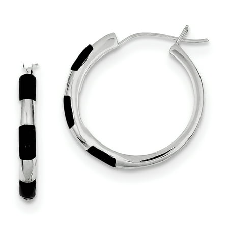 Sterling Silver Onyx Inlay Hoop Earrings 4.12grams (L 23mm W 3mm)Solid | Casted | Polished | Hinged post | Genuine | Sterling silver | Rhodium-plated | Black Onyx