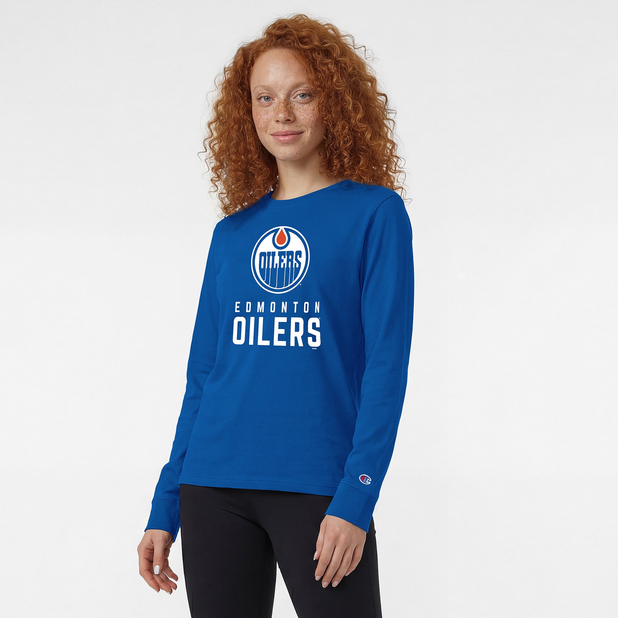 Women's Champion Royal Edmonton Oilers Wordmark Lockup Long Sleeve T-Shirt
