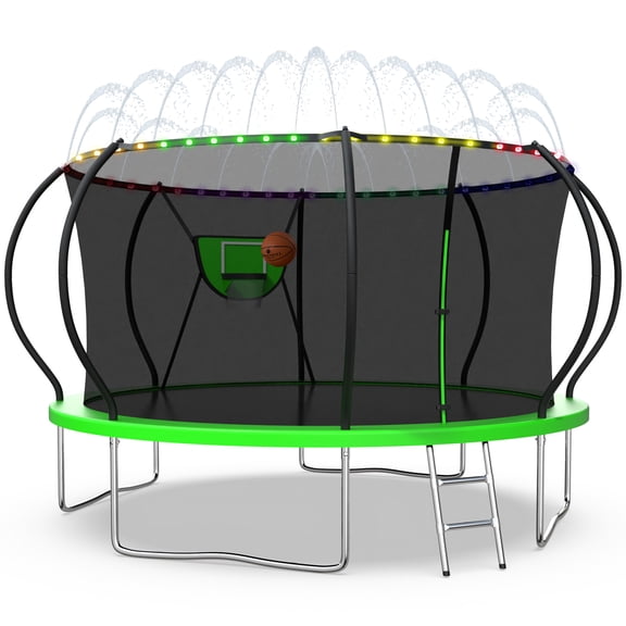 XMIKA Trampoline, 1200LBS 12FT Trampoline for 1-2 Adults/ 4-5 Kids, Trampoline with Enclosure Net, Basketball Hoop, Ladder, Light, Sprinkler, Backyard Outdoor Heavy Duty Trampoline, No Gap Design