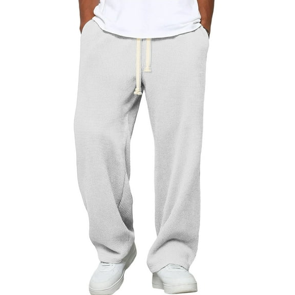 Dresfit Wide Leg Sweatpants Men Baggy Waffle Pants Casual Textured Drawstring Dance Sweatpant Solid Lightweight Travel Pant with Pockets White XL