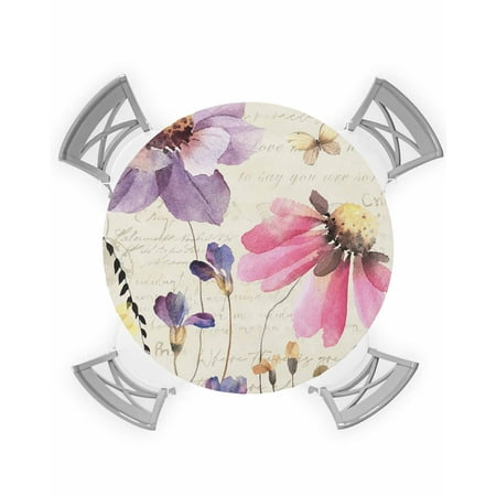 

Round Tablecloth with Elastic Summer Watercolor Rustic Pink Floral Flowers Beige Waterproof Stain-proof Table Cover Wipeable Fitted Table Cloths for 36 -44 Round Tables Dining Kitchen