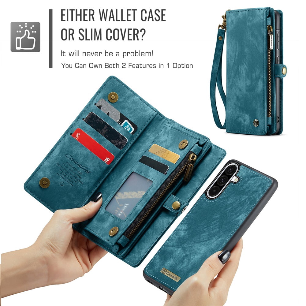 CaseMe Leather Case for Samsung Galaxy A56,2 in 1 Detachable Wallet Case with 8-Card Holder Zipper Bills Slot,Magnetic Shockproof Flip Leather Cover Zipper Pocket Phone Cases,Blue,For Galaxy A56