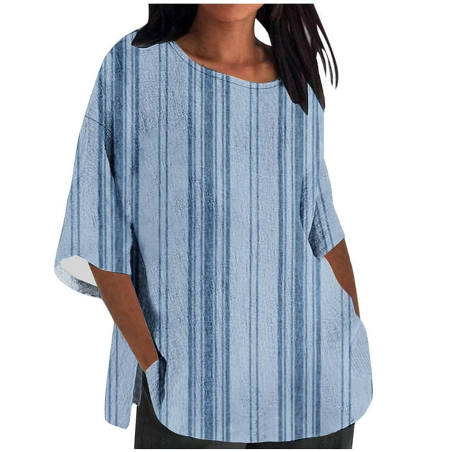 Scyoekwg Chemises à Manches 3/4 pour Femmes Tendance Grande Taille Col Rond T-Shirt Manches Trois-Quarts Léger Rayé Imprimé Graphique Tee Confortable Décontracté Été Blouses Amples (Bleu Clair,TG)
