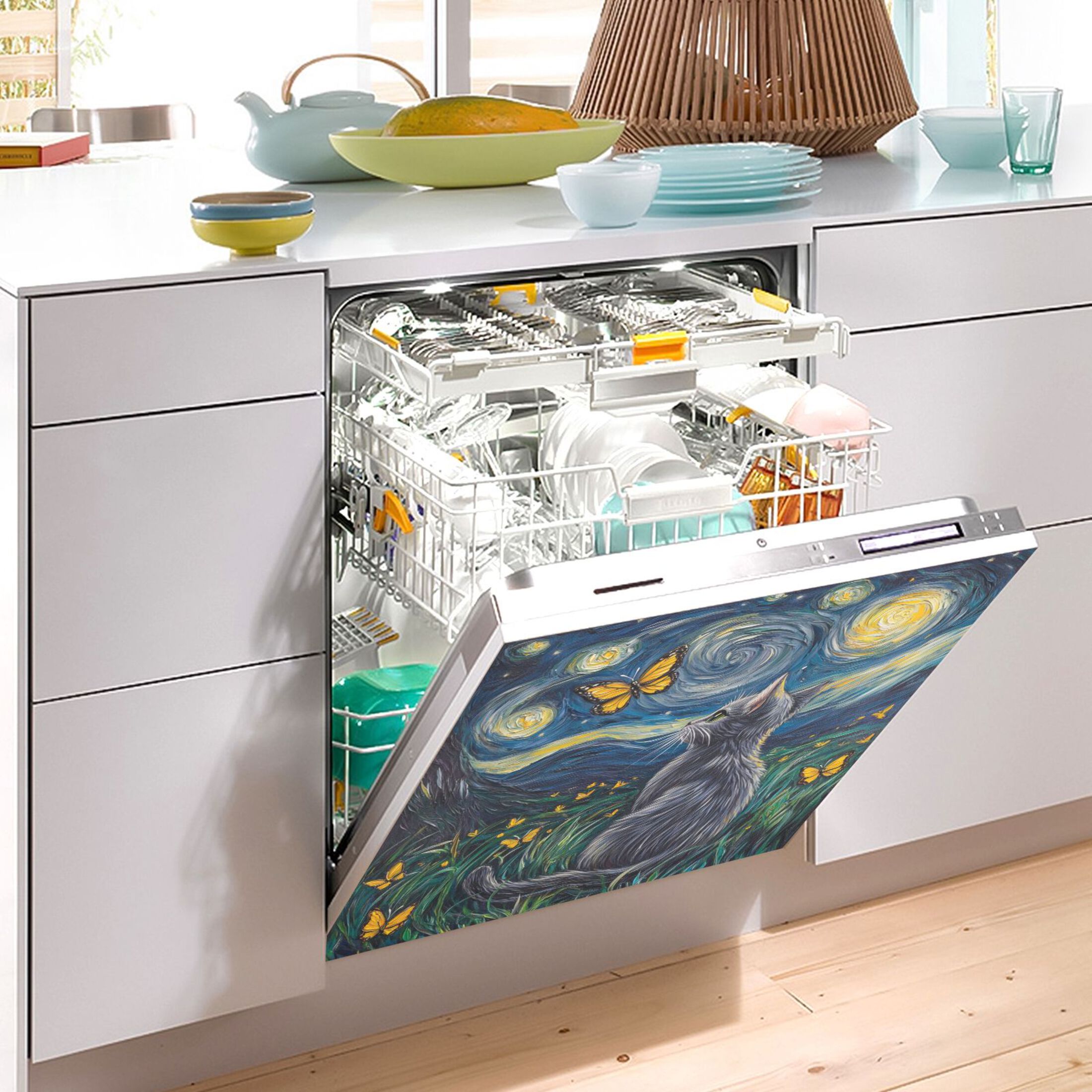 Dishwasher Magnetic Sticker 23x26 Inch Refrigerator Magnetic Sticker Washing Machine Magnetic Sticker Kitchen Panel Magnetic Sticker Home Decor Starry Sky Cartoon Cat