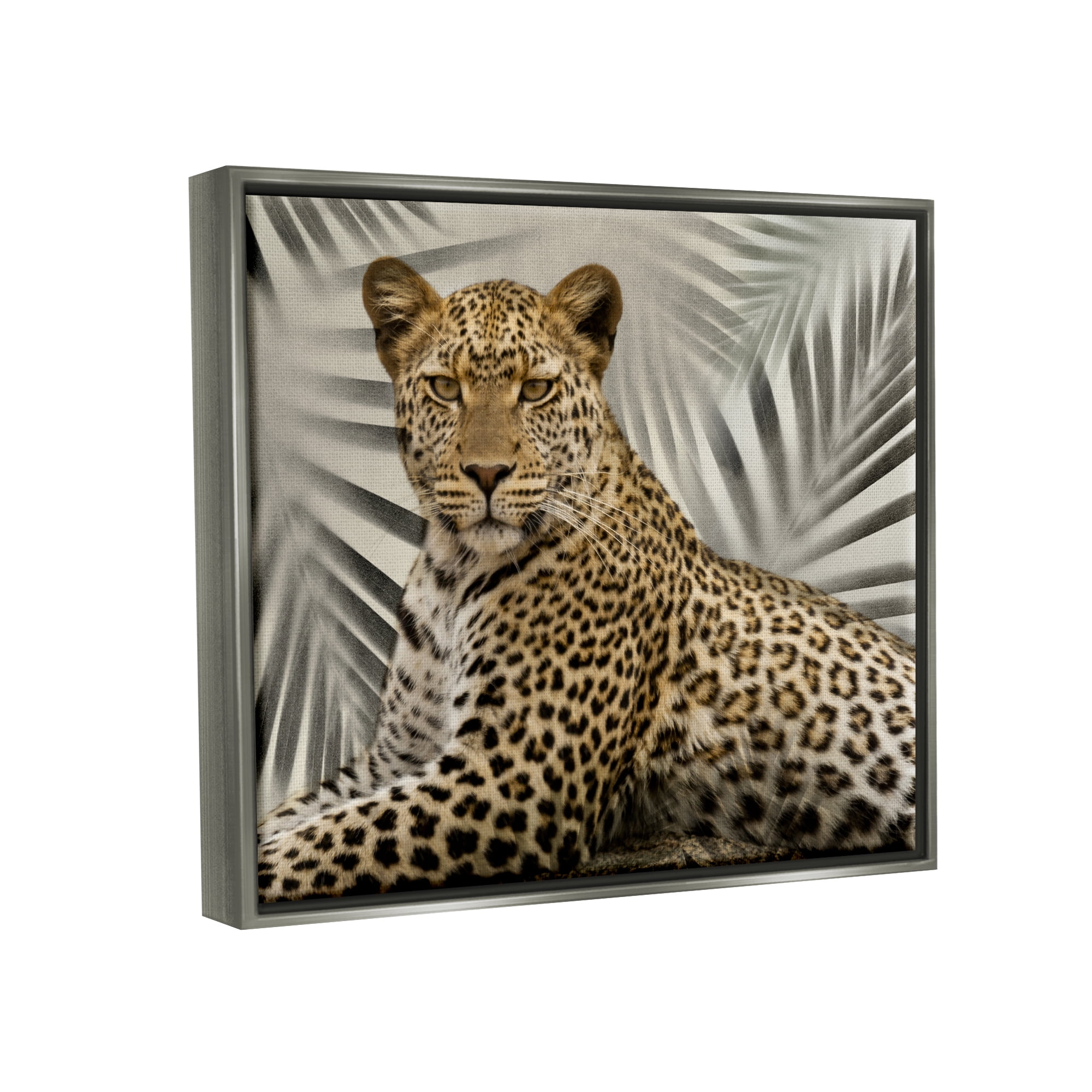 Stupell Industries Leopard with Palm Fronds Animals & Insects Painting Gray Floater Framed Canvas Art Print Wall Art, 21 x 17