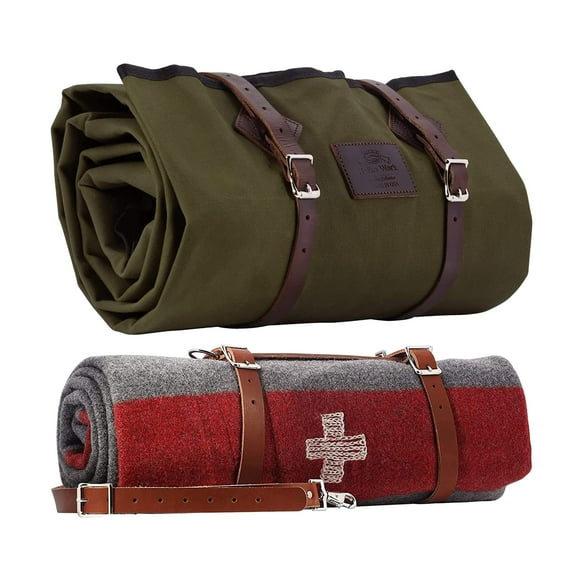 1844 Helko Werk Germany Waxed Canvas Bedroll & Swiss Army Blanket Bundle - Camping Bedroll with Leather Straps and Zipper - Waterproof Portable Bed (Blanket + Bedroll Forest Green) #F8761FGB