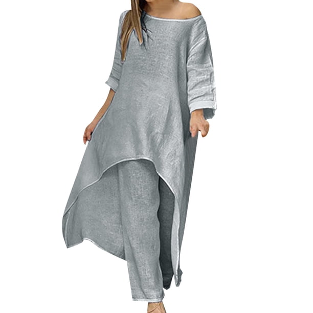 Gibobby Conjunto de Pantalones para Mujer Traje de manga larga irregular grande informal de algodón a la moda para mujer pantalones de pierna ancha traje de d(Gris oscuro,CH)