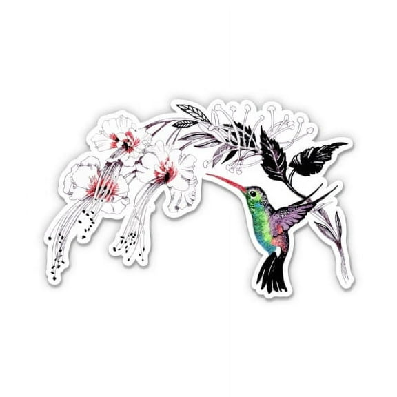 Hummingbird and Flowers - 3" Vinyl Sticker - For Car Laptop I-Pad Phone Helmet Hard Hat - Waterproof Decal